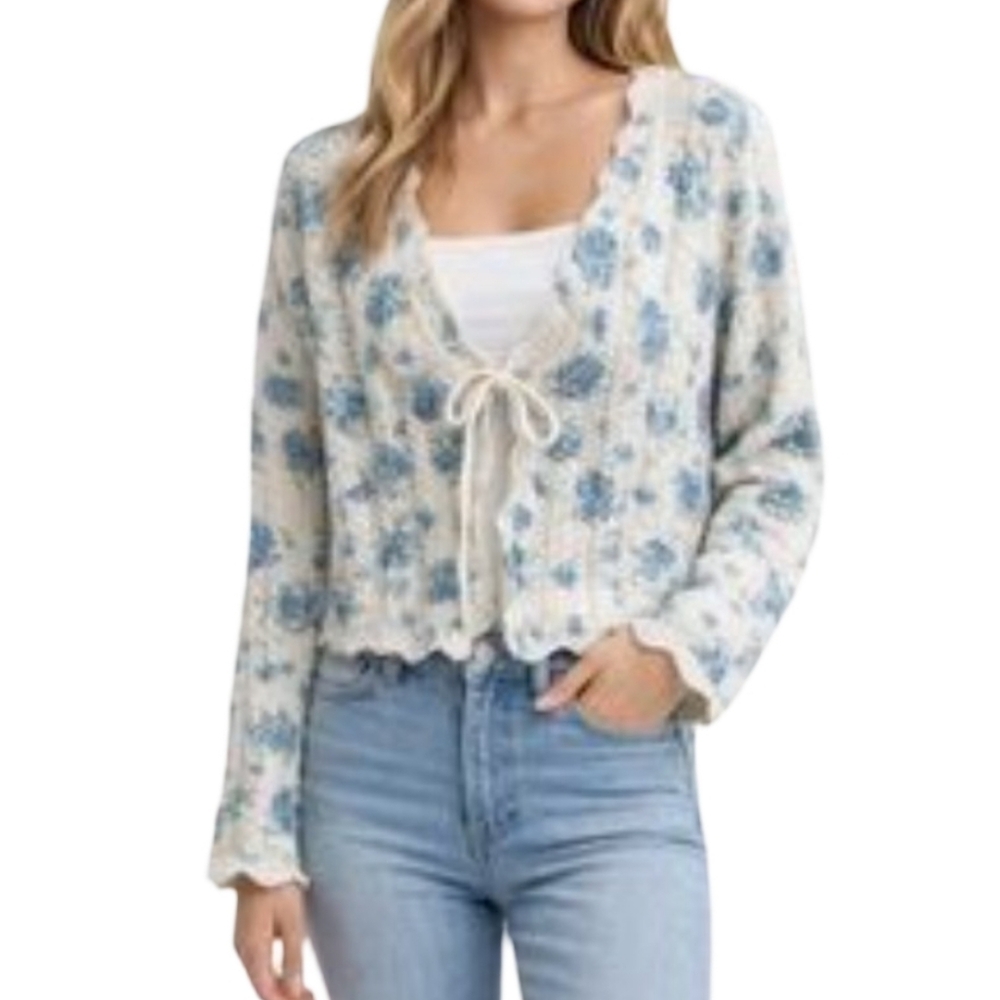 Sincerely Jules Blue Floral Pointelle Tie Front Cardigan Sweater ST23252 Large